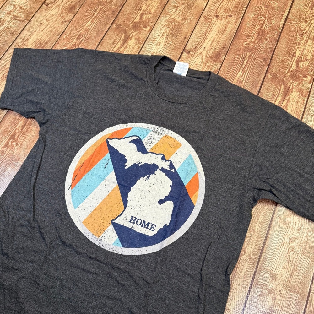 Port and Company Core Blend T Shirt Mens Medium Dark Heather Gray Michigan Home